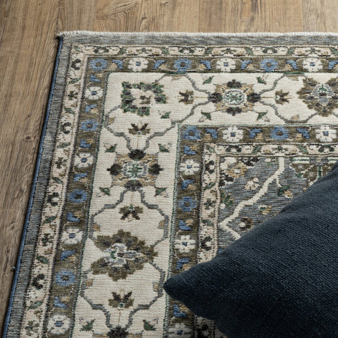 5' X 8' Blue And Gray Oriental Area Rug With Fringe
